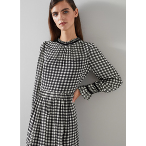 LK Bennett Verity Black And Cream Gingham Printed Dress With Velvet Trim